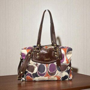 Coach Ashley Scarf Print Satchel F20113 Purple Op Art Brown Patent Leather Bag